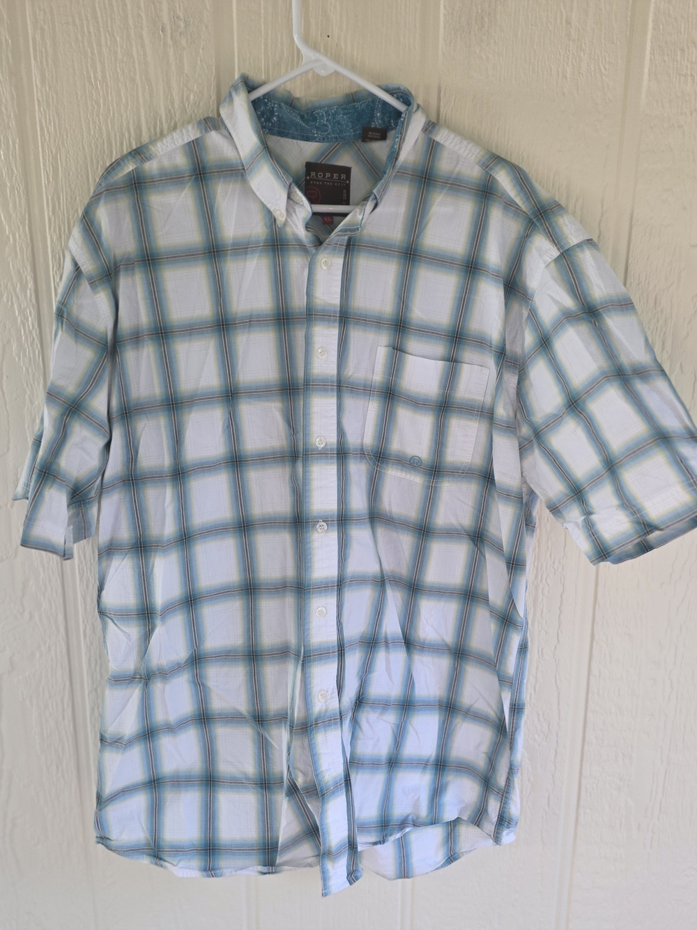 Men's Roper White and Teal Plaid Short-Sleeve Button Down Shirt, Size XL